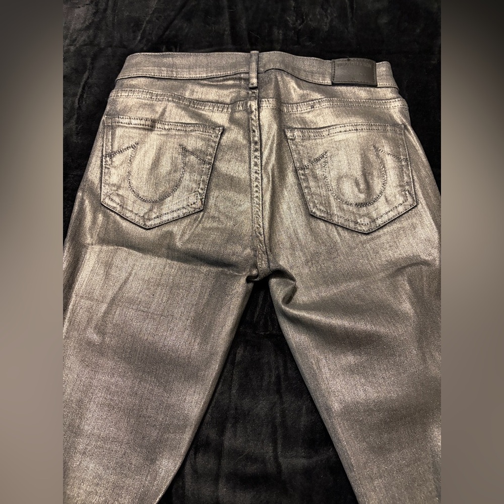True Religion Metallic Silver Mid-Rise Super Skinny Jeans - Picture 3 of 6